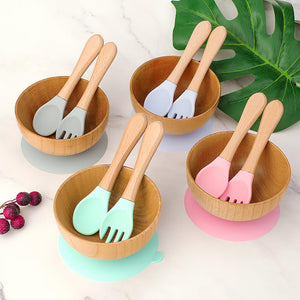 Baby's Wooden Silicone Bowl, Fork and Spoon