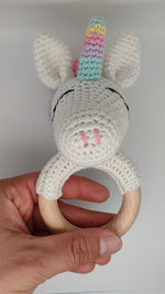 Load and play video in Gallery viewer, Handmade Unicorn Teether / Rattle (Name or Name + DOB) Personalised
