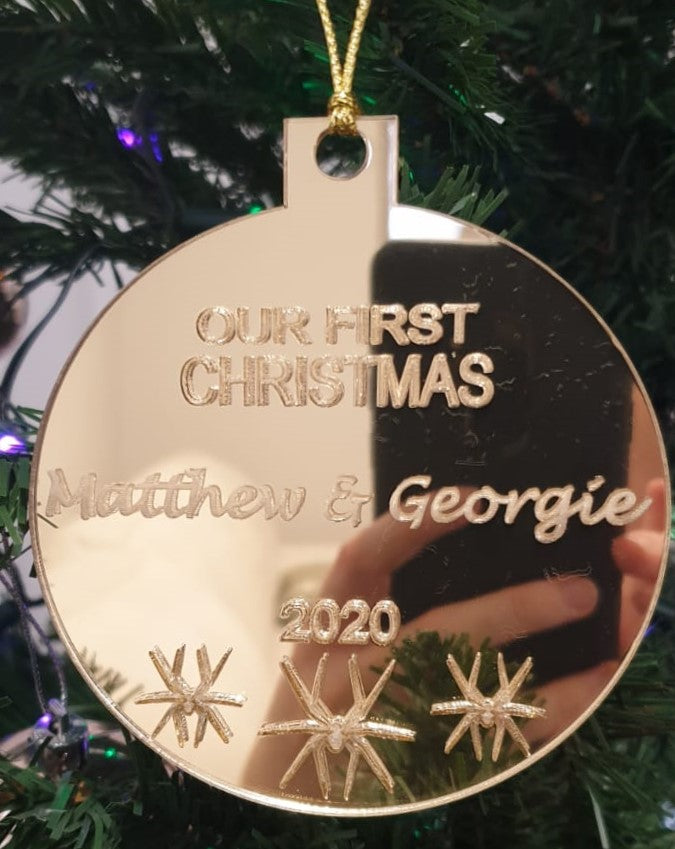 Our First Christmas + Name & Name + 2021 Snowflake Ornament