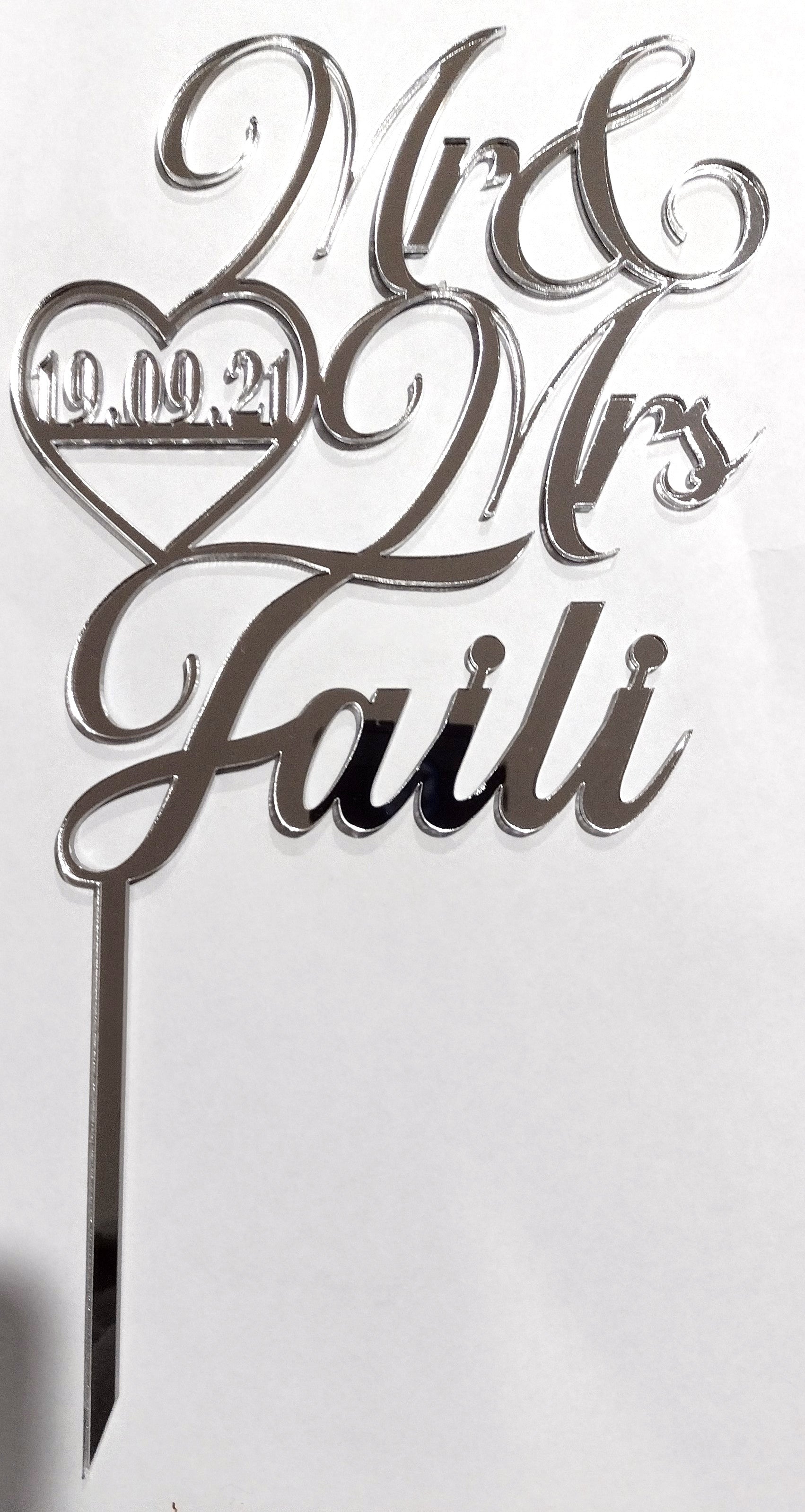 Mr & Mrs Surname with Date Heart Cake Topper