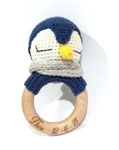 Handmade Penguin Teether / Rattle (Name or Name + DOB) Personalised
