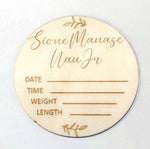 Load image into Gallery viewer, New Born Announcement / Introducing + Baby Name Disc Double Sided Thin Font
