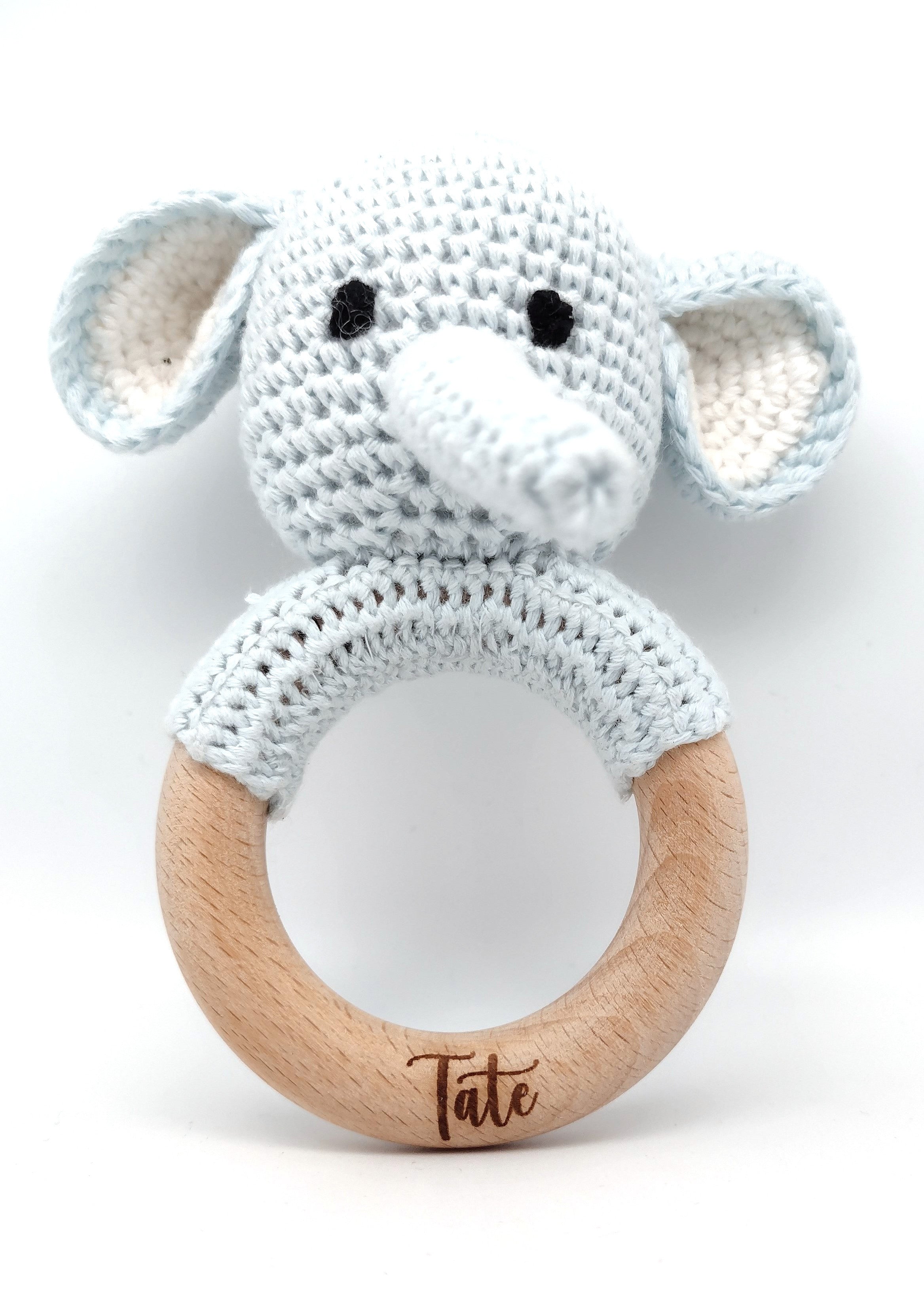 Handmade Baby Elephant Boy & Girl Teether / Rattle (Name or Name + DOB) Personalised