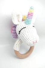 Load image into Gallery viewer, Handmade Unicorn Teether / Rattle (Name or Name + DOB) Personalised
