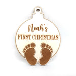 Load image into Gallery viewer, Name + First Christmas + Baby Footprints Ornament Bauble
