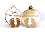 Load image into Gallery viewer, Name + First Christmas + Baby Footprints Ornament Bauble
