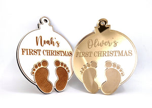 Name + First Christmas + Baby Footprints Ornament Bauble