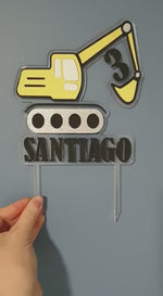 Load and play video in Gallery viewer, Excavator - Digger + Name + Age Cake Topper Double layer
