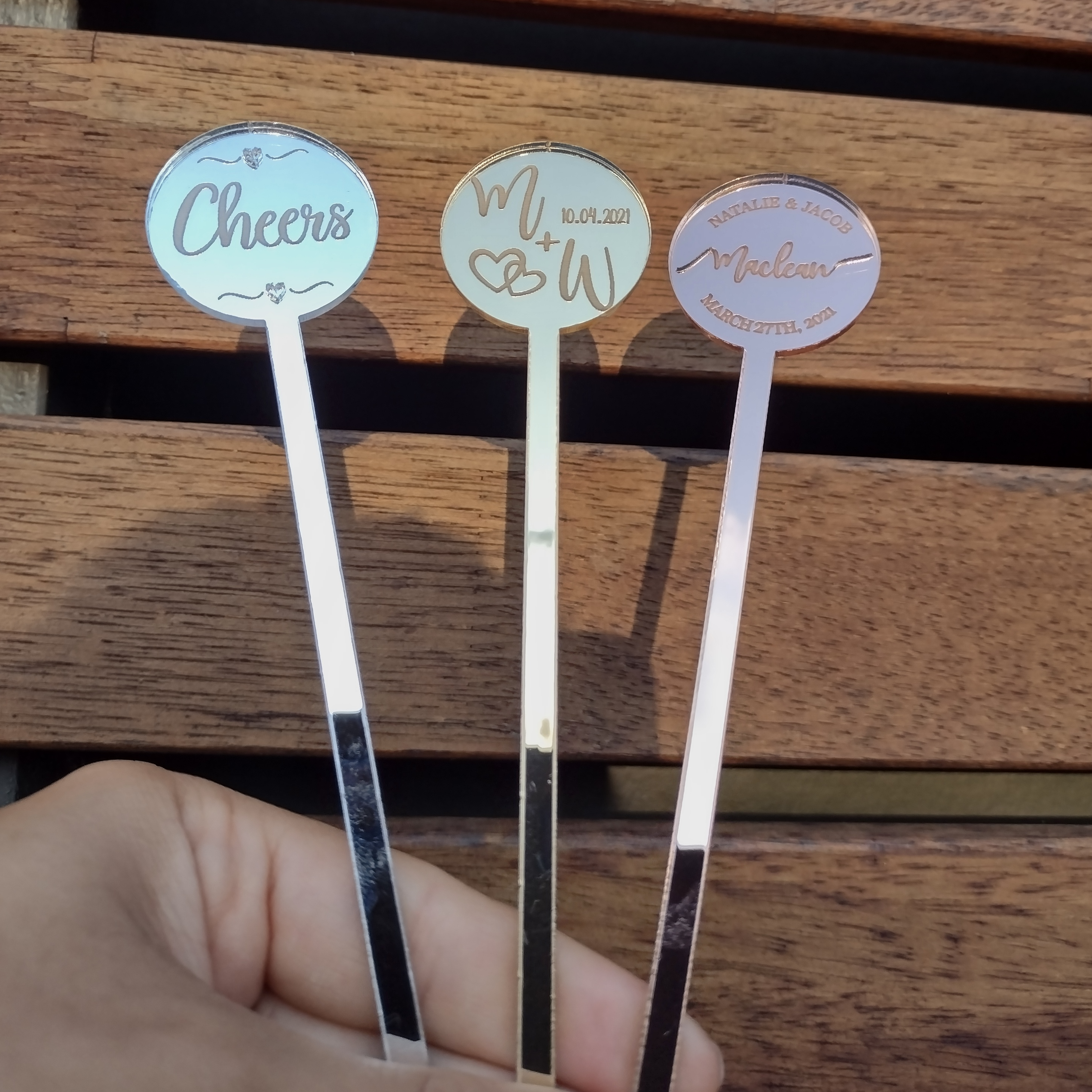 Cocktail Stirrers Personalised Customised Rose Gold Gold Silver Mirror for Weddings, Engagements, Special Ocassion Party Celebrations